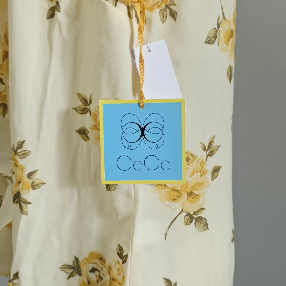 CeCe | Pastel Yellow Floral Print Ruffled Flutter Sleeve Blouse - Picture 7 of 7